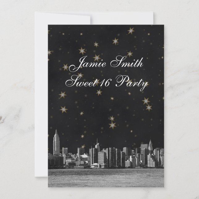 Etched NYC Skyline #3 Black Gold Star Sweet 16 V Invitation (Front)