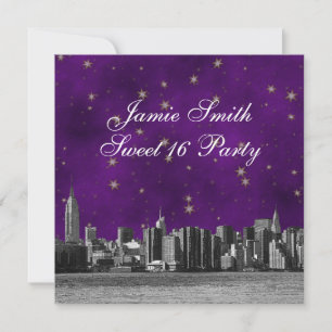 Etched NYC Skyline #3 Purple Gold Star Sweet 16 Invitation