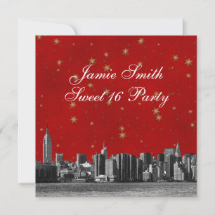 Etched NYC Skyline #3 Red Gold Star Sweet 16 Invitation
