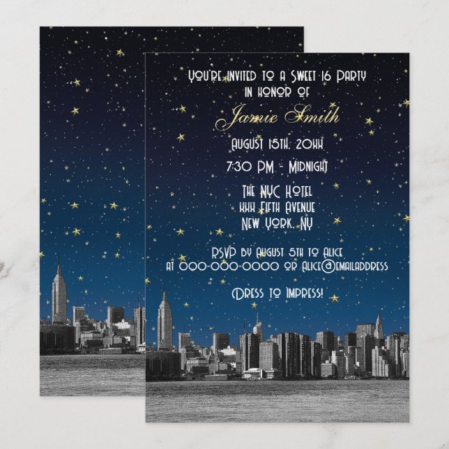 Etched NYC Skyline #3 Starry Blu Sunset Sweet 16 V Invitation (Front/Back)