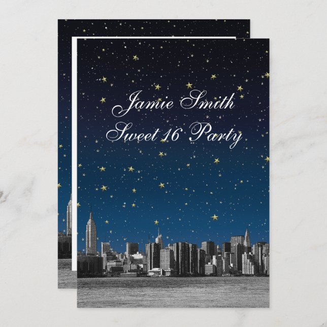 Etched NYC Skyline #3 Starry Blu Sunset Sweet 16 V Invitation (Front/Back)