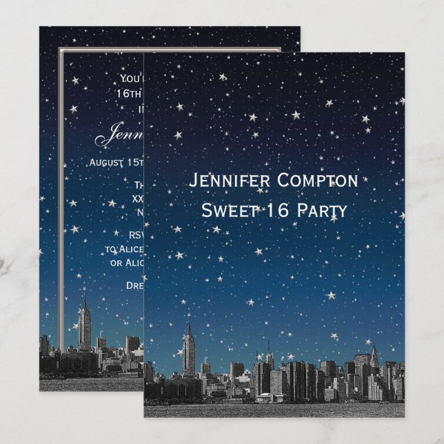 Etched NYC Skyline #3V2 Starry Blu Sunset Sweet 16 Invitation (Front/Back)