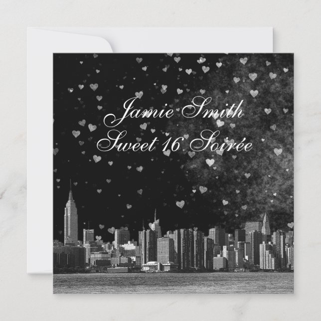 Etched NYC Skyline Black BG Wht Heart Sweet 16 SQ2 Invitation (Front)