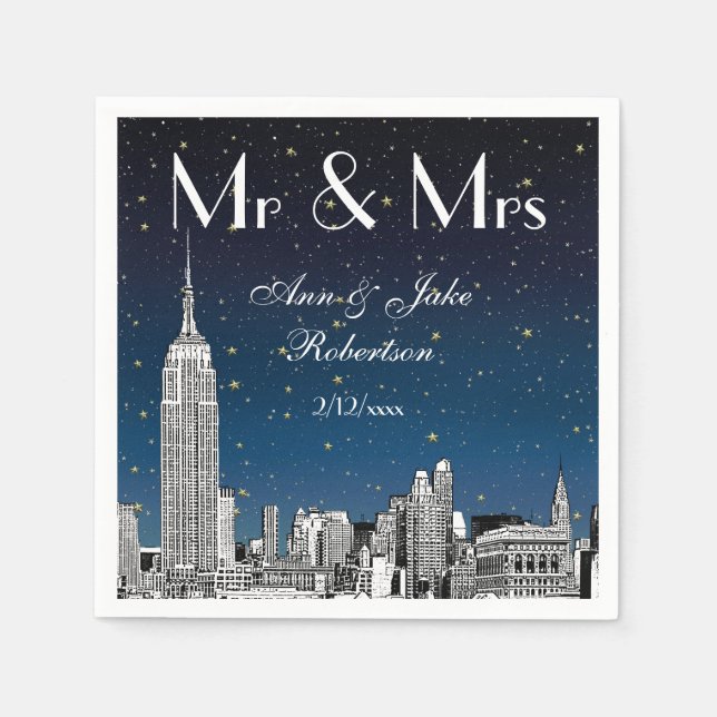 Etched NYC Skyline Blue Starry Wedding #2 Napkin (Front)