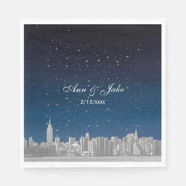 Etched NYC Skyline Blue Starry Wedding Napkin (Front)