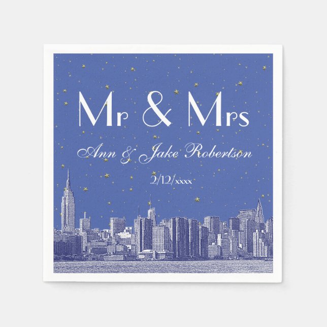Etched NYC Skyline DIY BG Blue Starry Wedding Napkin (Front)
