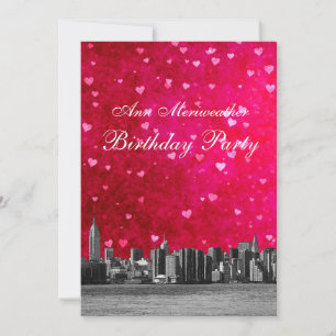 Etched NYC Skyline Hot Pink Red Heart Birthday V Invitation