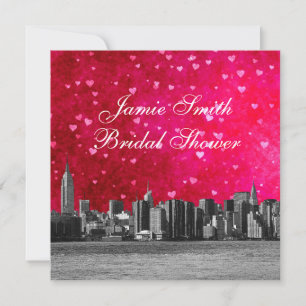 Etched NYC Skyline Hot Pink Red Hrt Bridal Shower Invitation