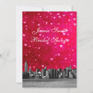 Etched NYC Skyline Hot Pnk Red Hrt Bridal Shower V Invitation