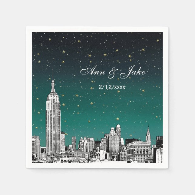 Etched NYC Skyline Shades of Teal Starry Wedding Napkin (Front)