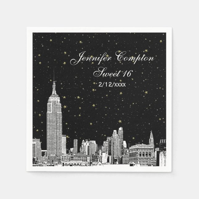 Etched NYC Skyline Starry DIY BG Sweet 16 Napkin (Front)