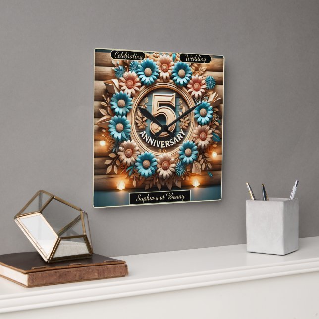 Eternal Bloom: 5th Anniversary Floral Circle Square Wall Clock (Office)
