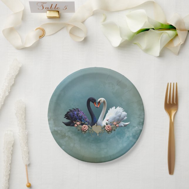 Eternal Bond, Black and White Swans in Love.  Paper Plate (Wedding)