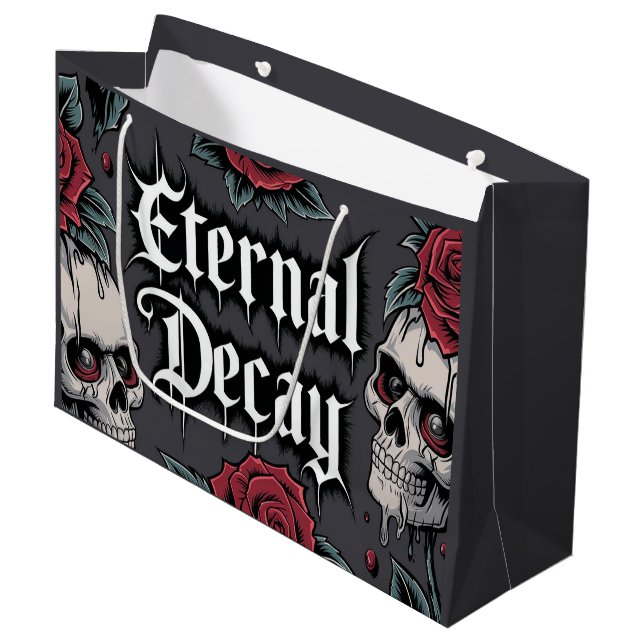 Eternal Decay" Gothic Skull and Rose Illustration  Large Gift Bag (Front Angled)