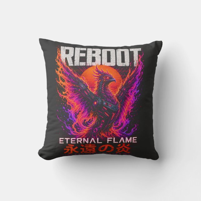 Eternal Flame Illustration – Phoenix of Neon Fire Cushion (Front)