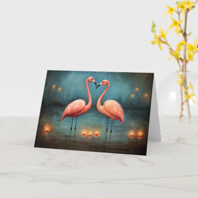 Eternal Flames of Love Valentine Flamingos Card (Yellow Flower)