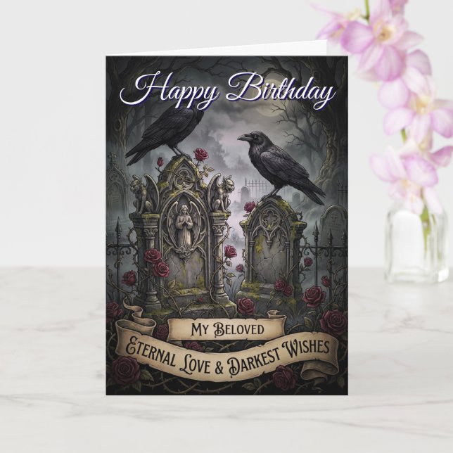 Eternal Gothic Lovers Dark Cemetery Raven Birthday Card (Orchid)