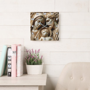 Eternal Grace: Holy Family in Gold Square Wall Clock