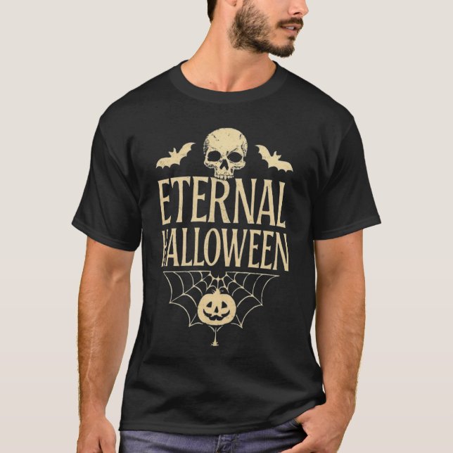 Eternal Halloween | Skull, Bats, Web & Pumpkin T-Shirt (Front)