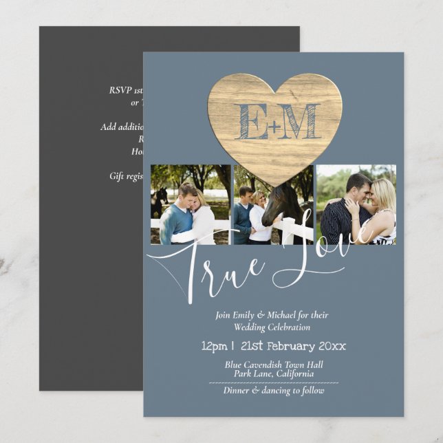 Eternal Heart Steel Blue Photo Collage Wedding Invitation (Front/Back)