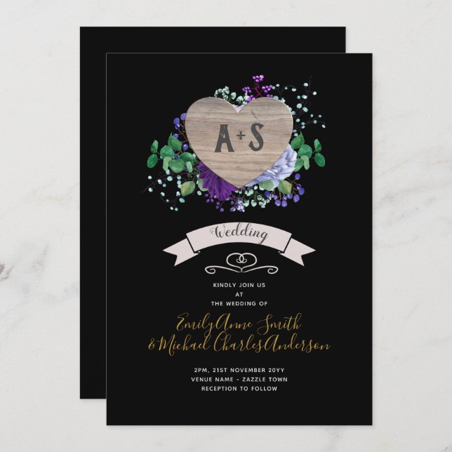 Eternal Heart Wedding Invite Black Purple Floral (Front/Back)