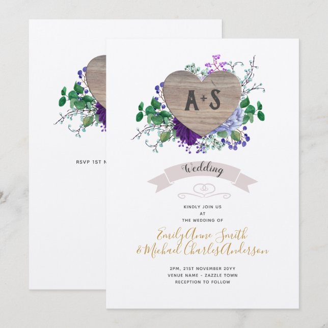 Eternal Heart Wedding Purple Blue Floral Kraft Invitation (Front/Back)