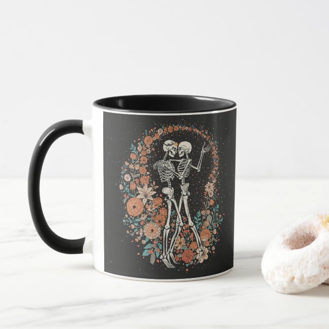Eternal Love Skeletons Coffee Mug Romantic Gothic (With Donut)