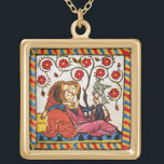 ETERNAL LOVE VALENTINE'S DAY  PARCHMENT GOLD PLATED NECKLACE<br><div class="desc">Colourful expressive antique fine art. Mediaeval heraldic German miniature from 1200 romantic lovers in a flower garden with a white bird , mixed with old aged brown parchment effects .Easy to customise as a wedding ceremony, nuptial announcement card , place cards , save-the-date , thank you card , bridal showers,...</div>