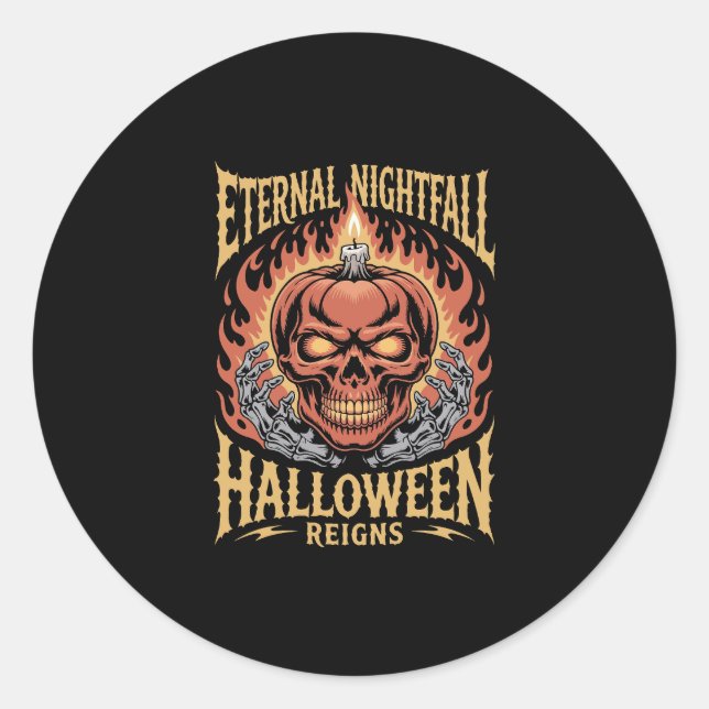 Eternal Nightfall Halloween Skull Pumpkin Classic Round Sticker (Front)
