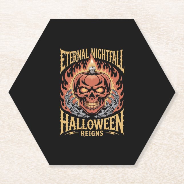 Eternal Nightfall Halloween Skull Pumpkin Paper Coaster (Front)