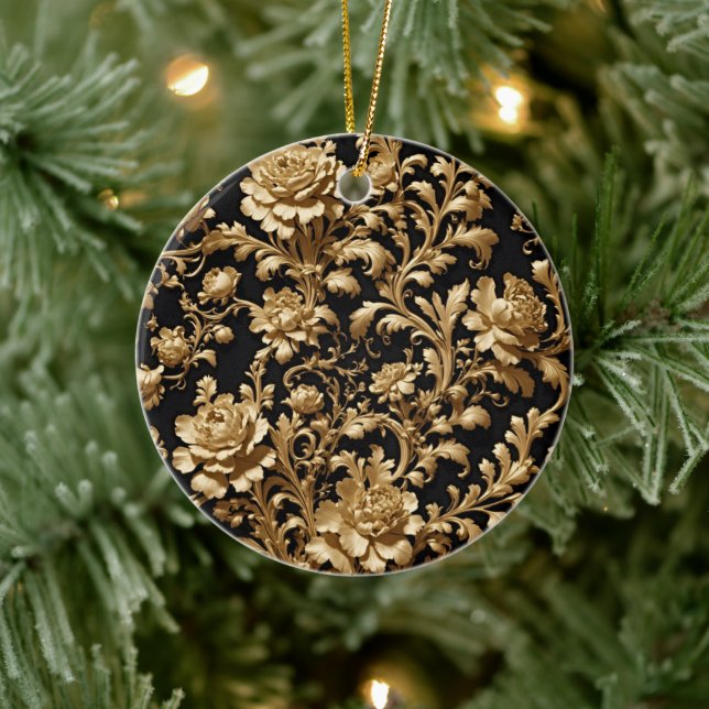 Eternal Opulence: Black and Gold Baroque Floral Ceramic Tree Decoration (Tree)