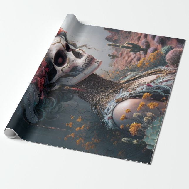 Eternal Princess Warrior, Native American Skull Wrapping Paper (Unrolled)