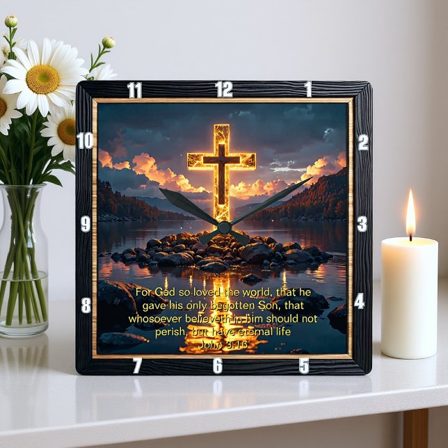 Eternal Promise The Cross Water Shore John 3:16  Square Wall Clock (Creator Uploaded)