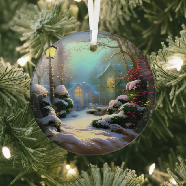 Ethereal 3D Look Winter Scene Kinkade Inspired Glass Tree Decoration (Insitu)