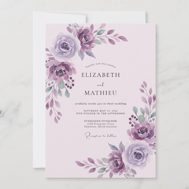 Ethereal Amethyst Plum Petal Wedding Invitation (Front)