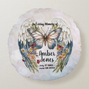 Ethereal Angel Wings Memorial with Butterfly  Round Cushion