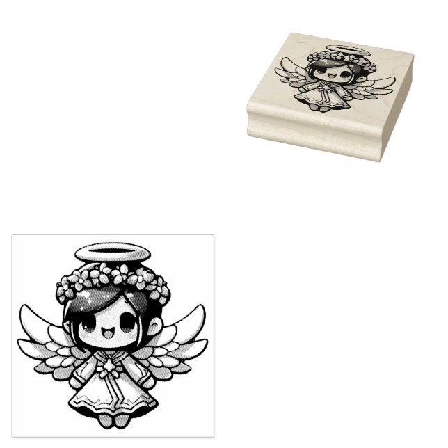 Ethereal Angelic Chibi - angel, halo, flowers Rubber Stamp (Stamped)