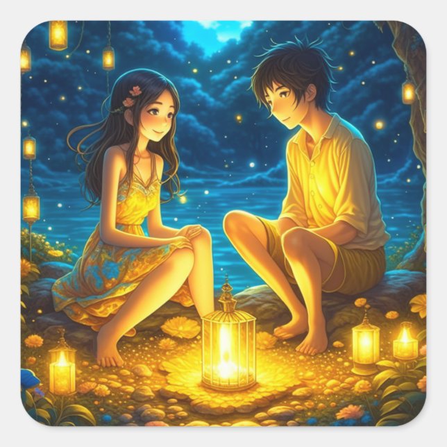 Ethereal Anime Boy and Girl and Golden Lanterns Square Sticker (Front)