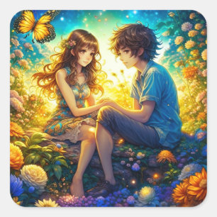 Ethereal Anime Boy and Girl in Love Square Sticker