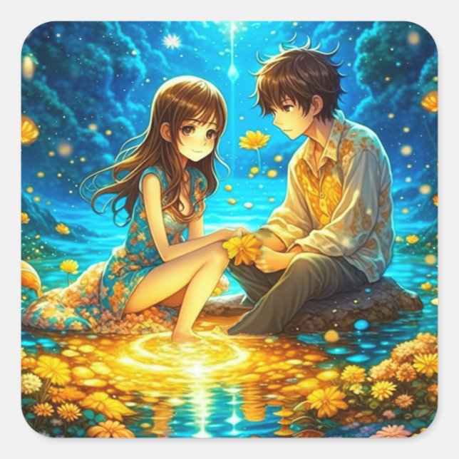 Ethereal Anime Boy and Girl in Love Square Sticker (Front)