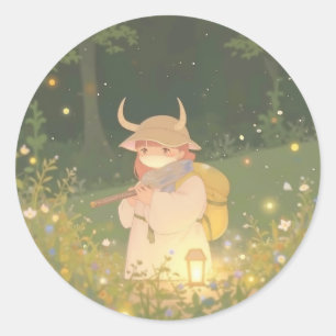 Ethereal Anime Girl with Horns in Whimsical Meadow Classic Round Sticker