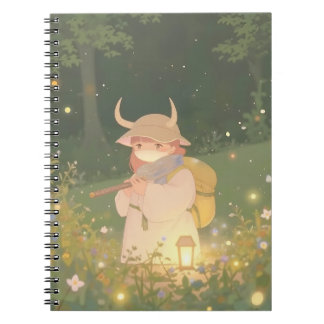 Ethereal Anime Girl with Horns in Whimsical Meadow Notebook