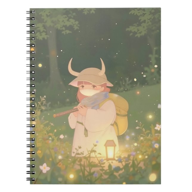 Ethereal Anime Girl with Horns in Whimsical Meadow Notebook (Front)