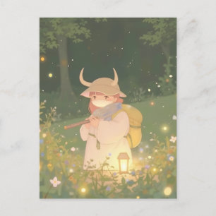 Ethereal Anime Girl with Horns in Whimsical Meadow Postcard