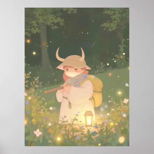 Ethereal Anime Girl with Horns in Whimsical Meadow Poster (Front)