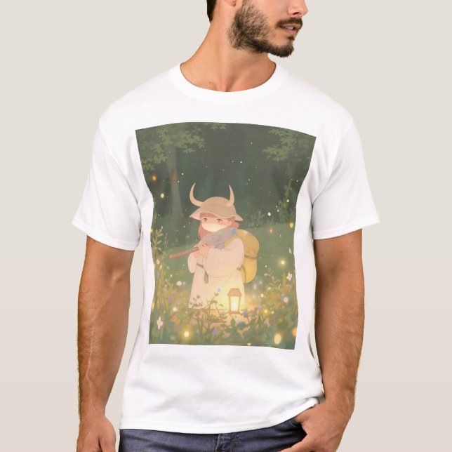 Ethereal Anime Girl with Horns in Whimsical Meadow T-Shirt (Front)