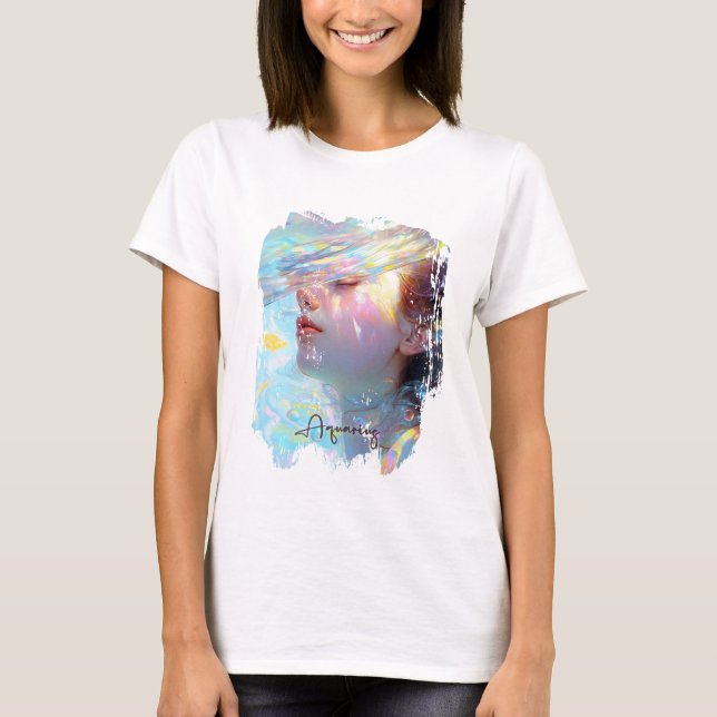 Ethereal Aquarius Woman in Dreamy Watercolor Art T-Shirt (Front)