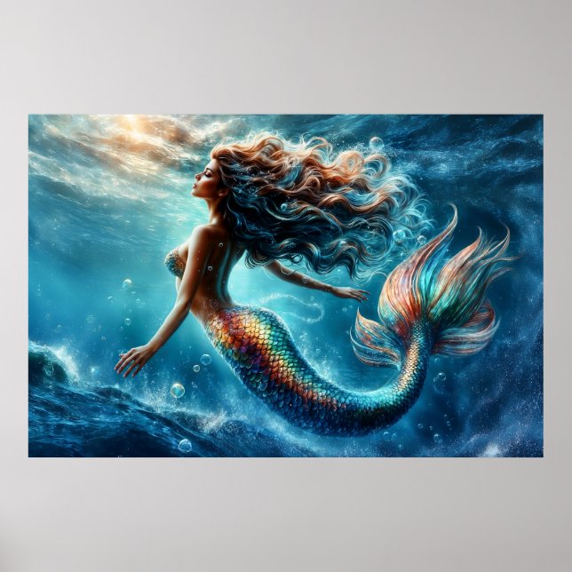 Ethereal aquatic mermaid beauty in deep blue poster (Front)