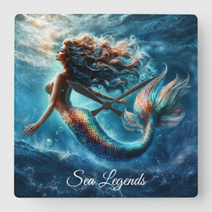 Ethereal aquatic mermaid beauty in deep blue square wall clock