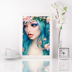 Ethereal Art   Beautiful Fairy with Blue Hair Poster